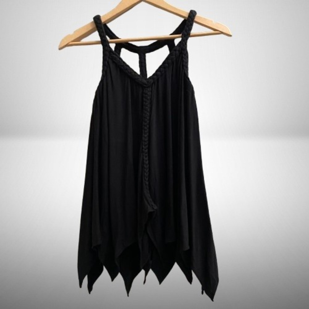 NEW Sky‎ Black Braided Handkerchief Sharkbit Hem Caged Back Tank Top Medium